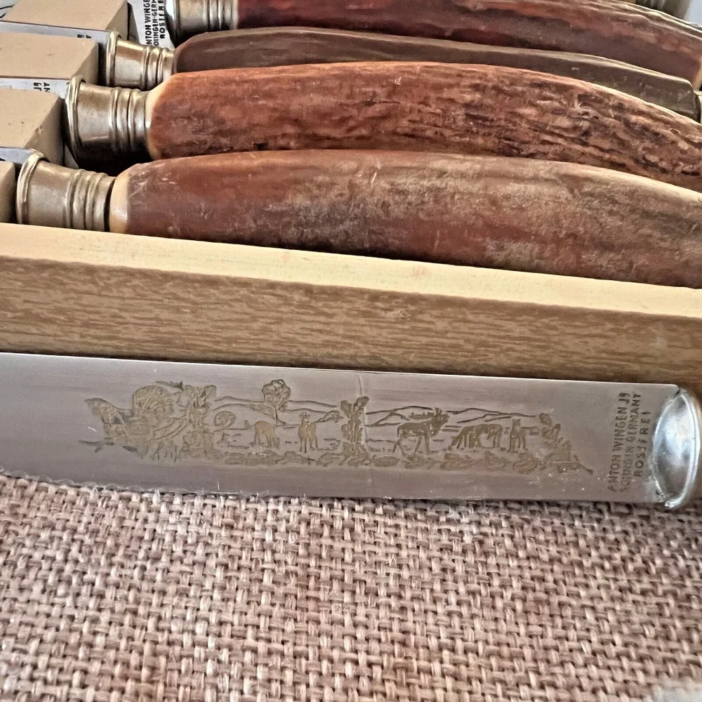Anton Wingen‎ Solingen Germany Rostfrei Engraved Stag Horn 6 Piece Knife Set